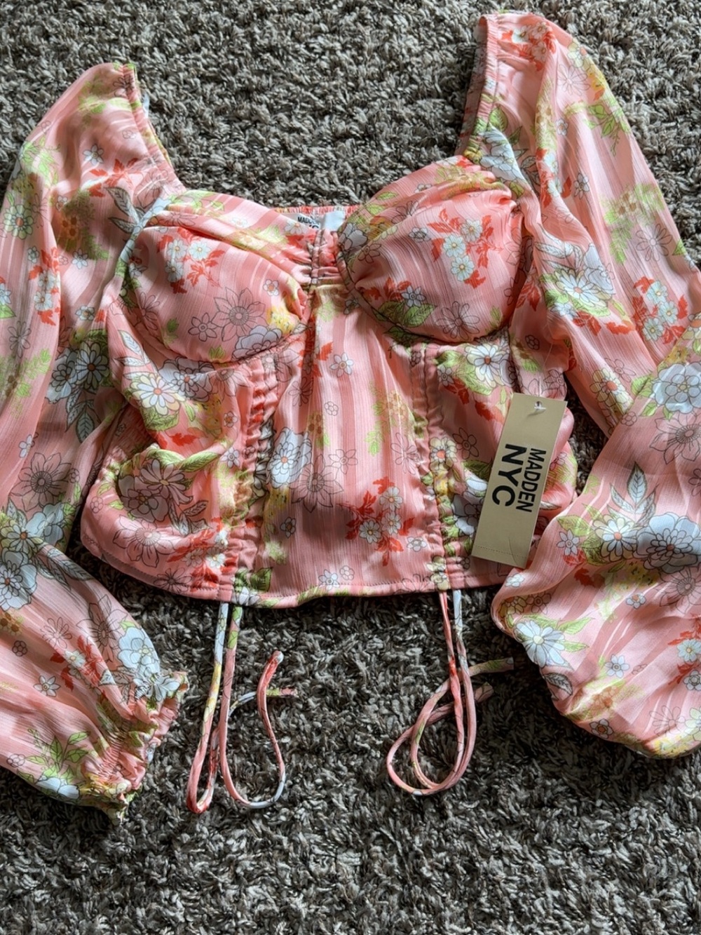 Madden NYC Pink Floral Ruched Crop Bustier Top